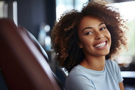 a woman smiling with a comfortable jaw