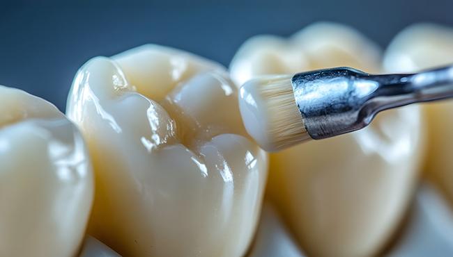 A brush applying a dental sealant to a back tooth