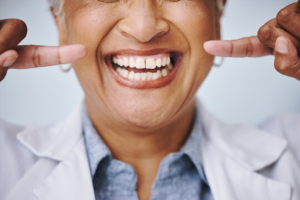 a closeup of a patient with dentures
