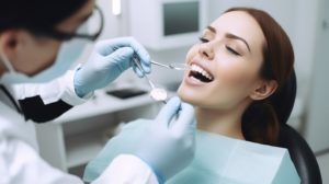Woman with brown hair in dentists chair while dentist wearing blue gloves performs an exam with dental instruments