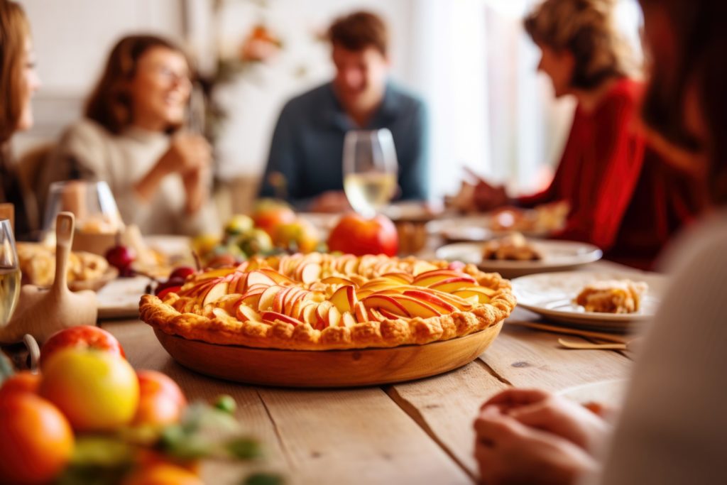 Closeup of apple pie on table surrounded by smiling friends