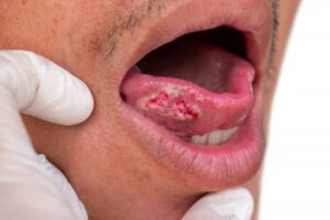 Patient with mouth open showing signs of oral cancer.